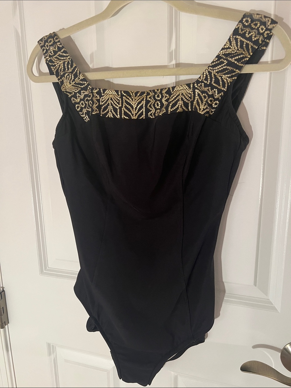 Black and Gold Square-Neck bathing suit Size 14 / 36B. Made in the USA